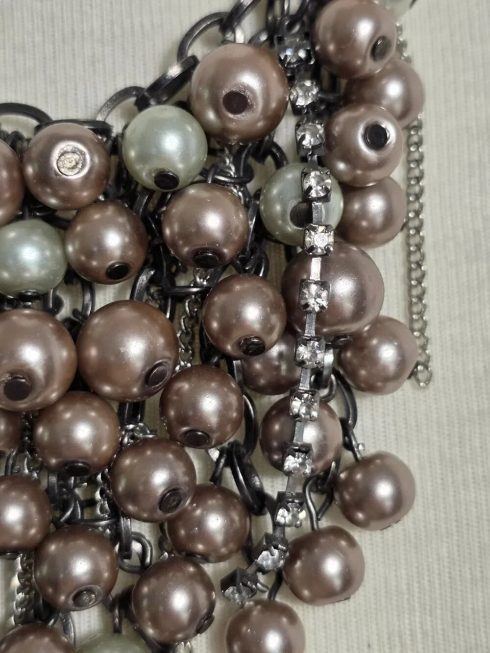 Simply Vera Wang Pearl Bead Bib Necklace Taupe & Gray with Rhinestone Drops